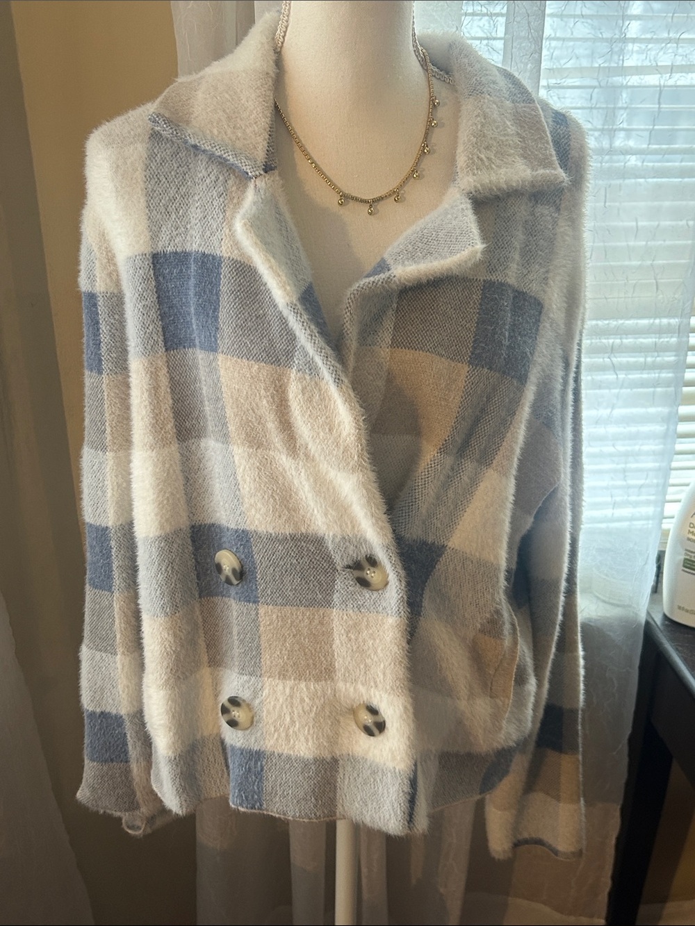 Rachel Zoe Double-Breasted Plaid Pea Coat in Blue & Cream